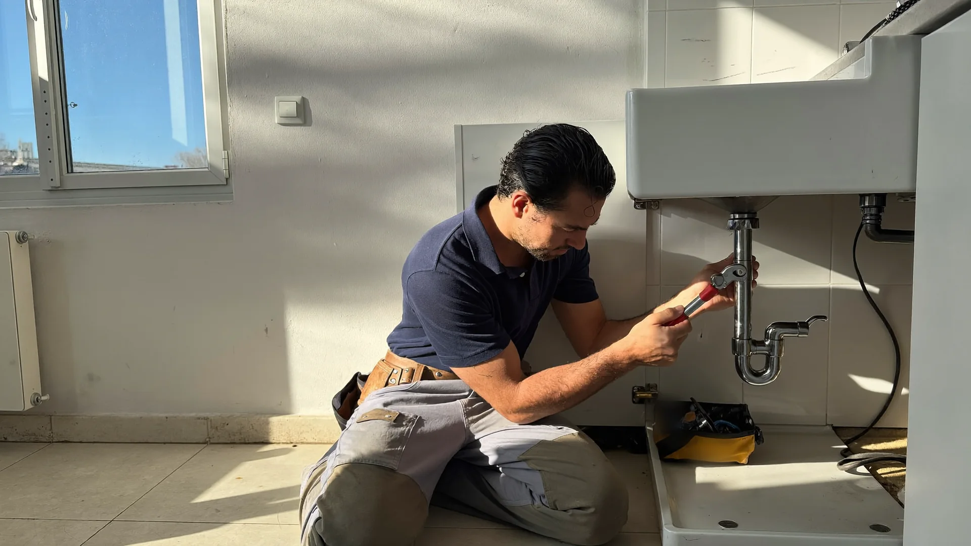 Plumber in work clothing kneeling at an open sink cabinet in a sunlit Lisbon apartment